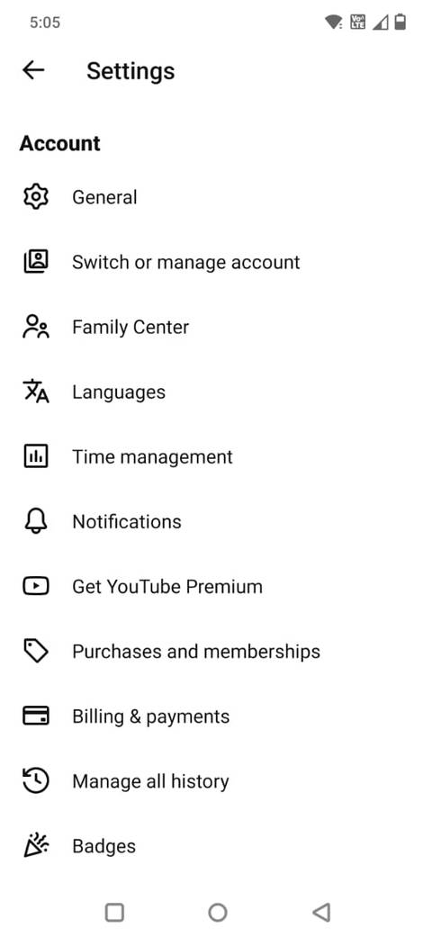 Screenshot showing the Time management option in YouTube settings