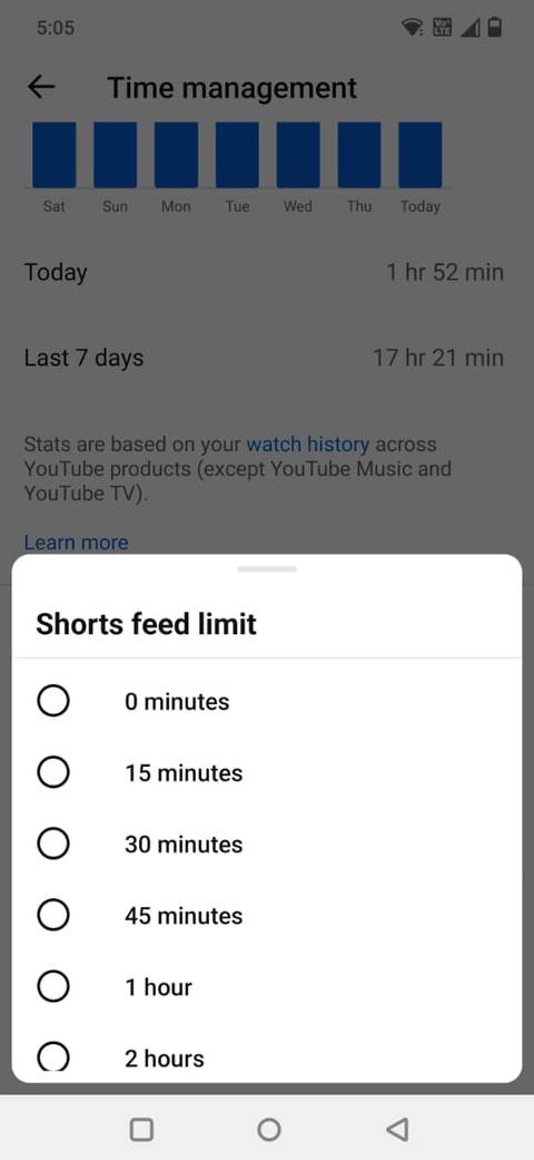 Screenshot showing the Shorts feed limit in YouTube settings