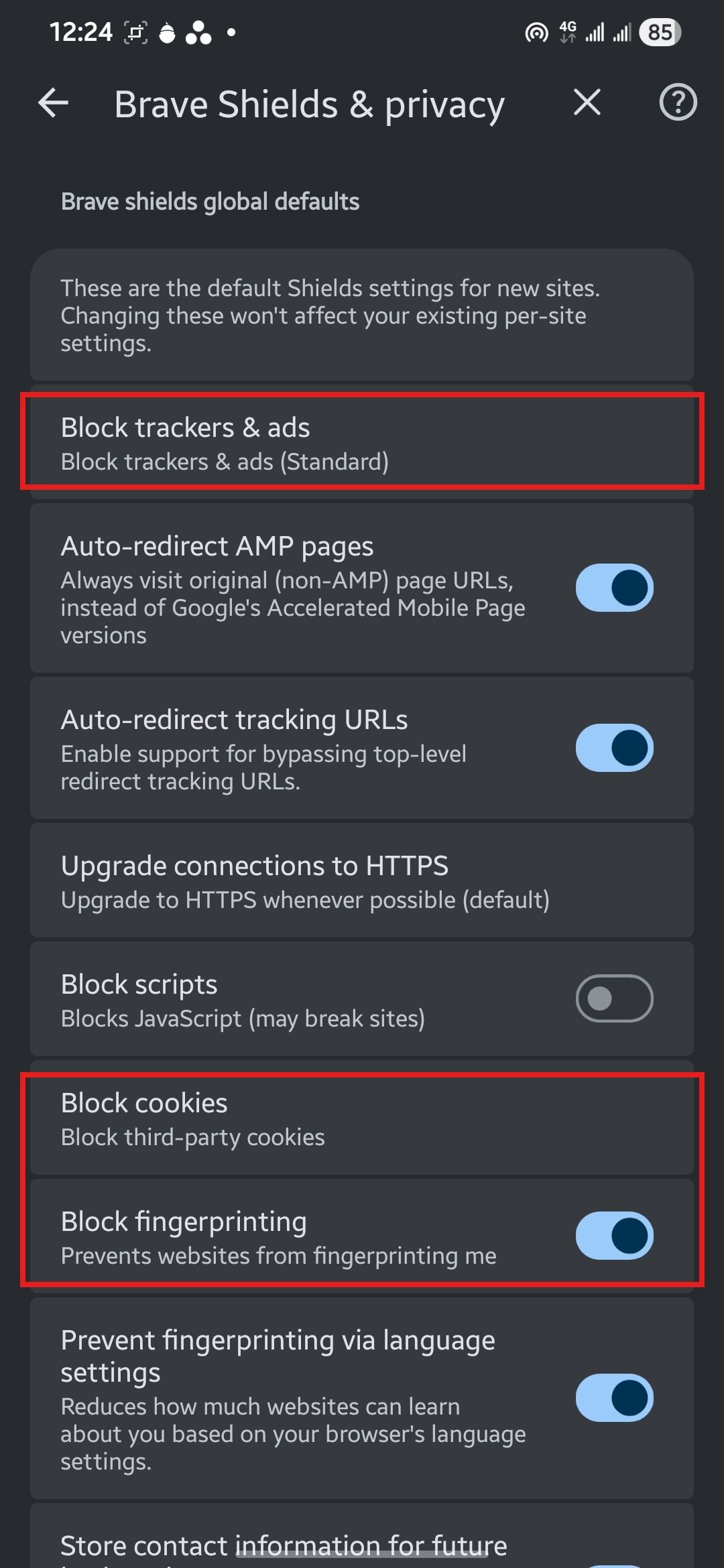 Brave Shields and privacy page showing Block trackers and ads set to Standard and third party cookies blocked