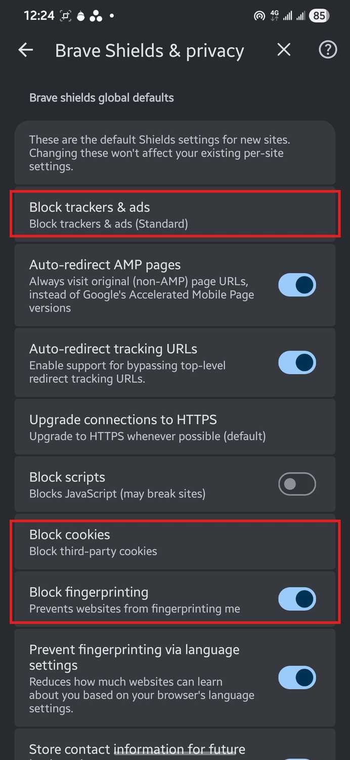 Brave Shields and privacy page showing Block trackers and ads set to Standard and third party cookies blocked