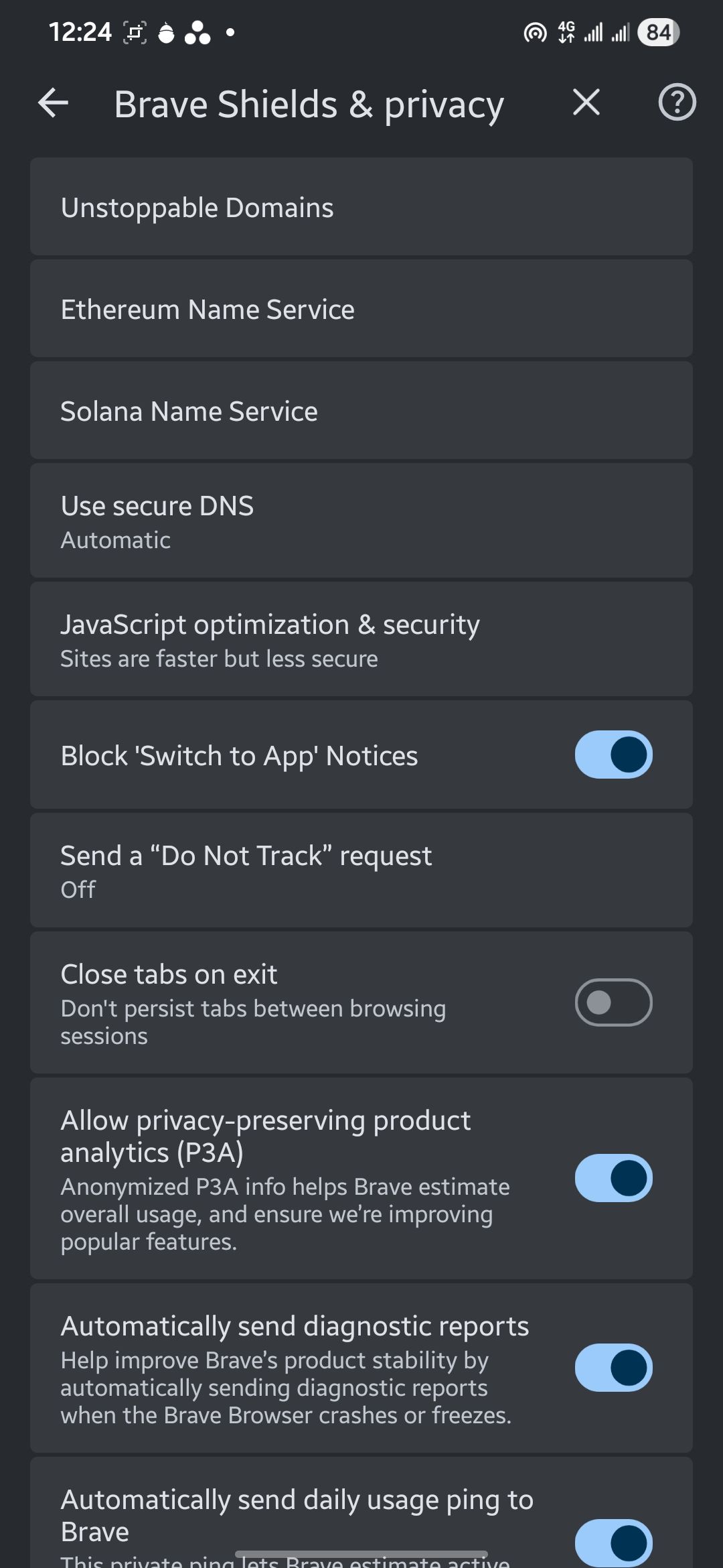 Lower part of Brave Shields and privacy page with more default Shields settings