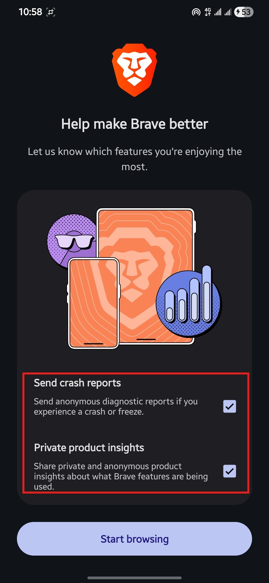 Brave setup screen Help make Brave better with Send crash reports and Private product insights already ticked