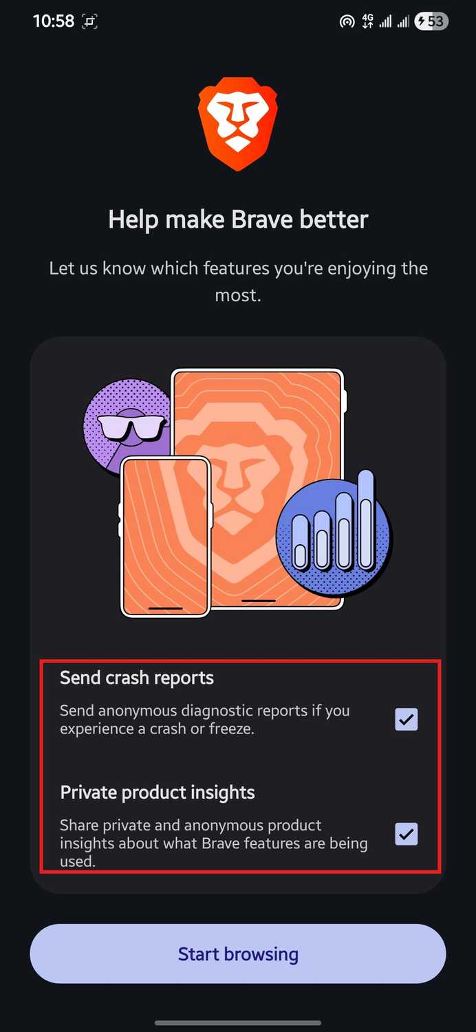 Brave setup screen Help make Brave better with Send crash reports and Private product insights already ticked