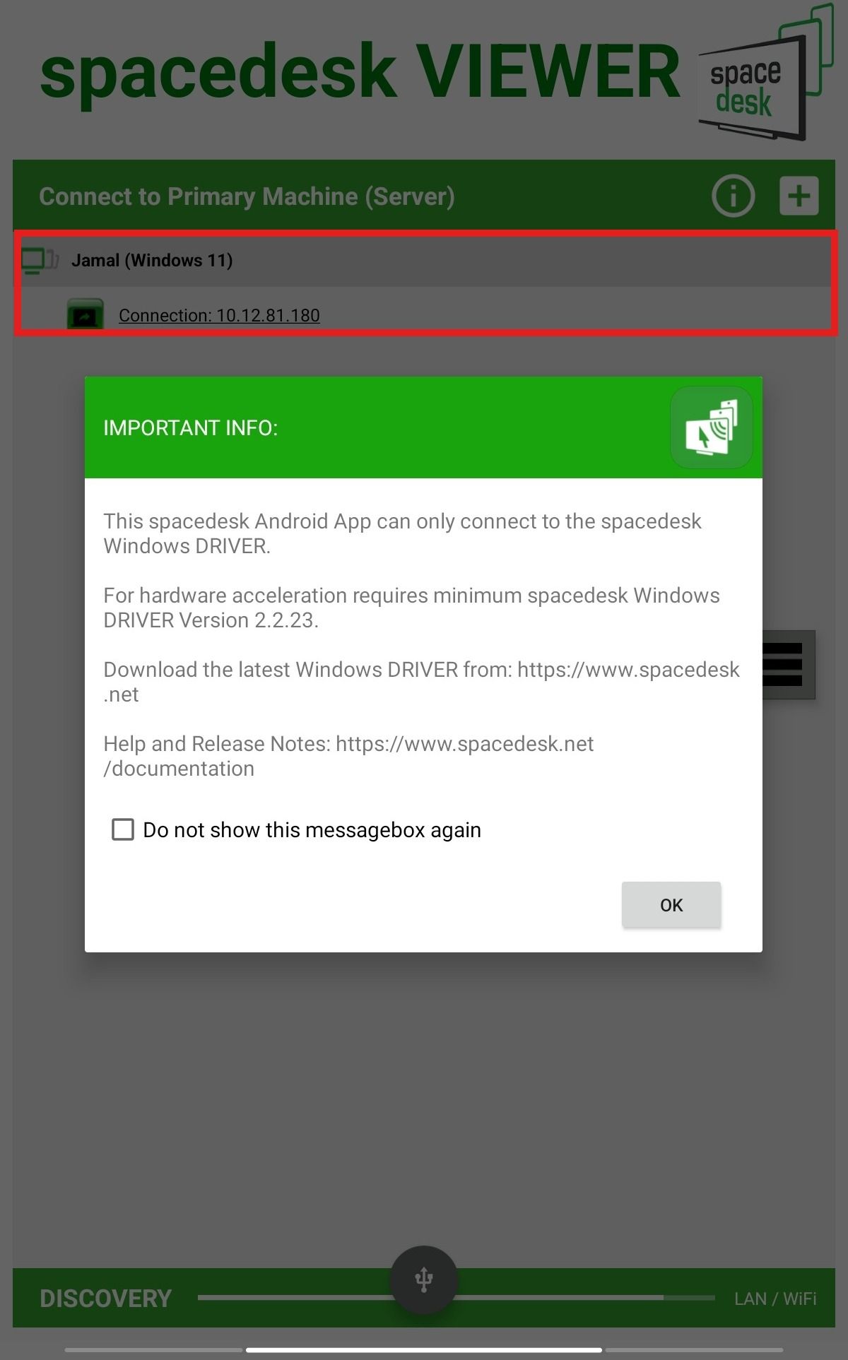 spacedesk viewer app on the tablet listing the laptop to connect to