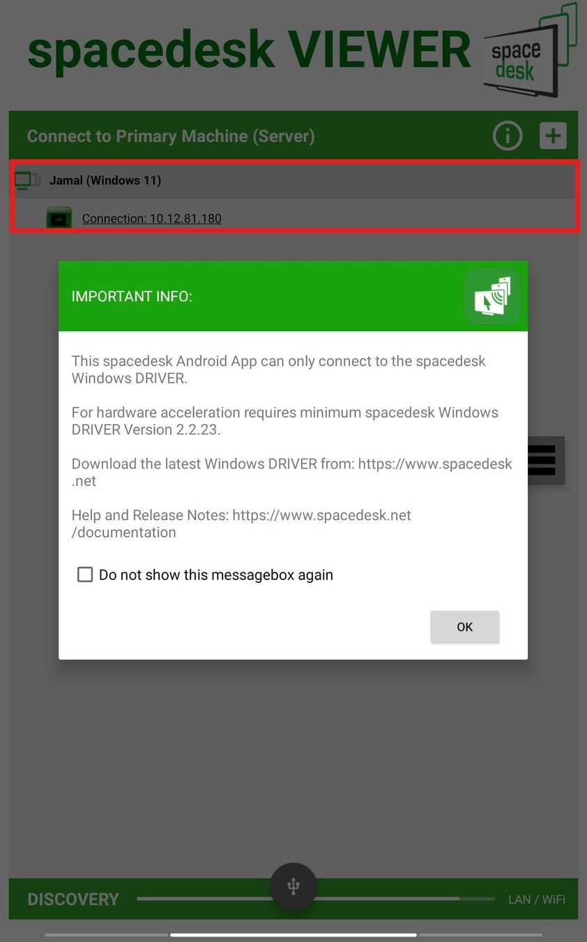 spacedesk viewer app on the tablet listing the laptop to connect to