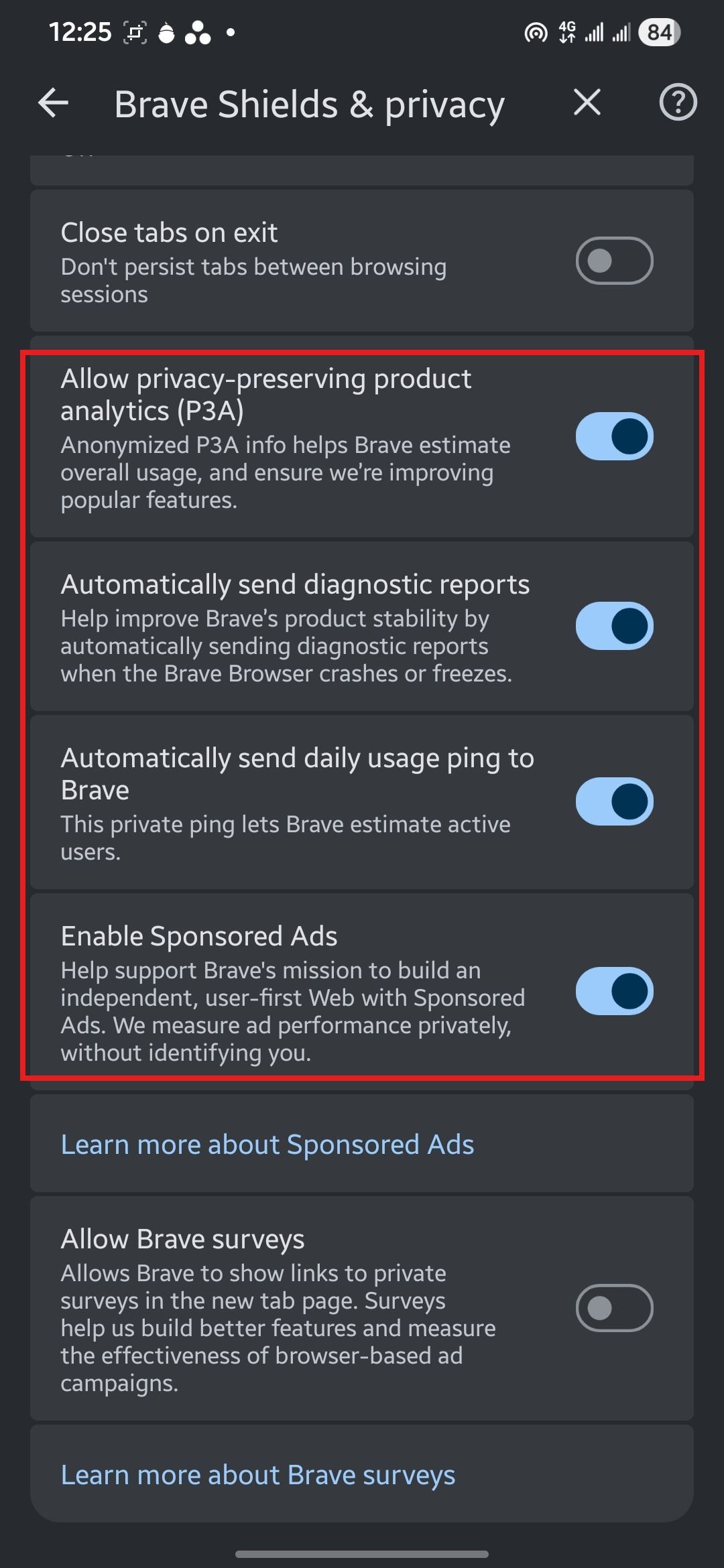Brave settings with product analytics, diagnostic reports, daily usage ping and Enable Sponsored Ads all switched on