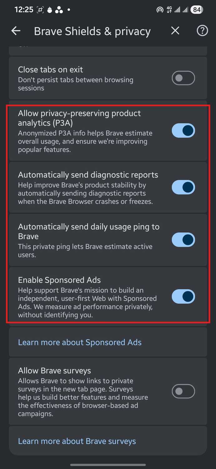 Brave settings with product analytics, diagnostic reports, daily usage ping and Enable Sponsored Ads all switched on