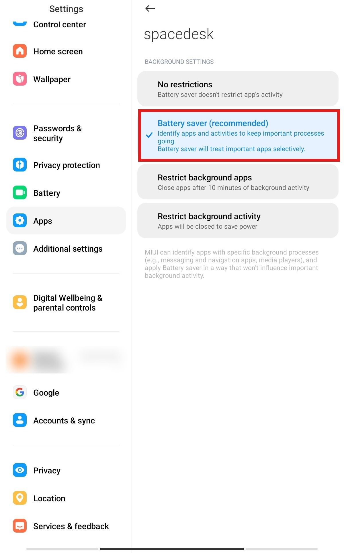 spacedesk battery setting on the tablet set to Battery saver recommended