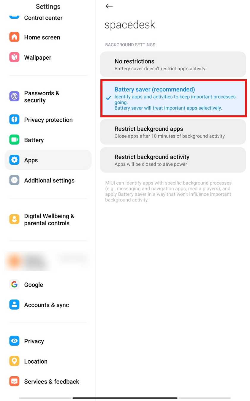 spacedesk battery setting on the tablet set to Battery saver recommended