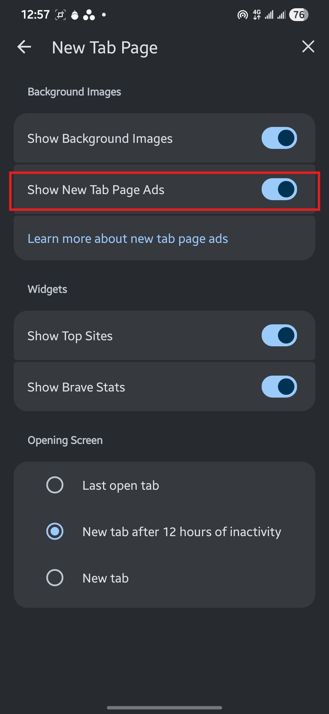 Brave New Tab Page settings with Show New Tab Page Ads switched on