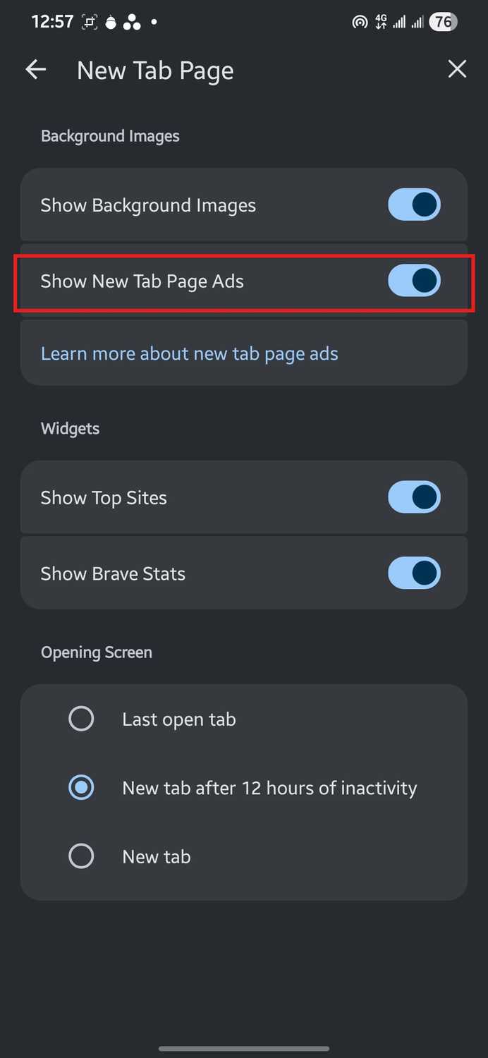 Brave New Tab Page settings with Show New Tab Page Ads switched on
