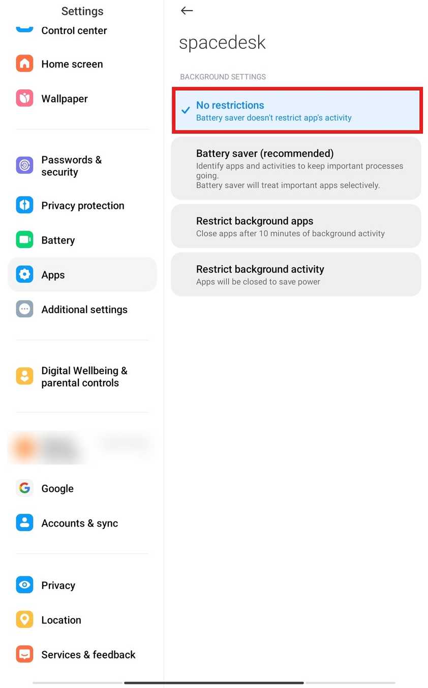 spacedesk battery setting on the tablet set to No restrictions