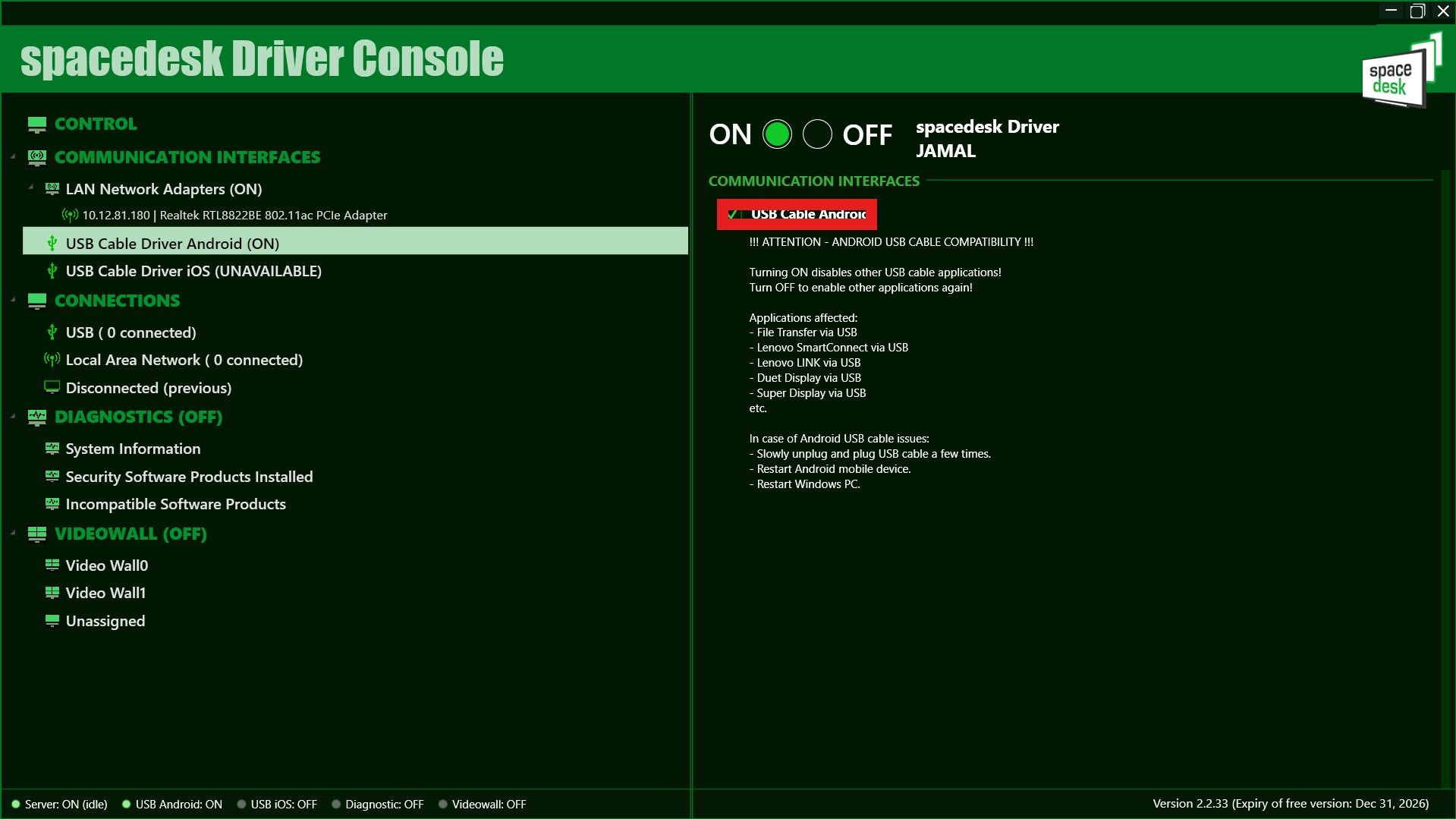 spacedesk Driver Console with USB Cable Android ticked under Communication Interfaces