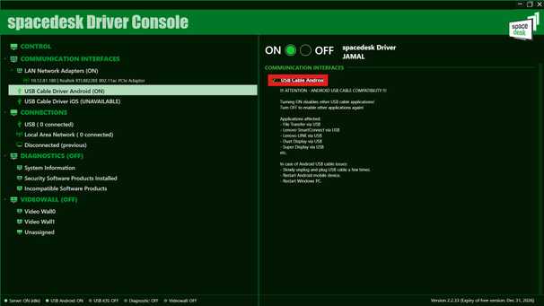 spacedesk Driver Console with USB Cable Android ticked under Communication Interfaces