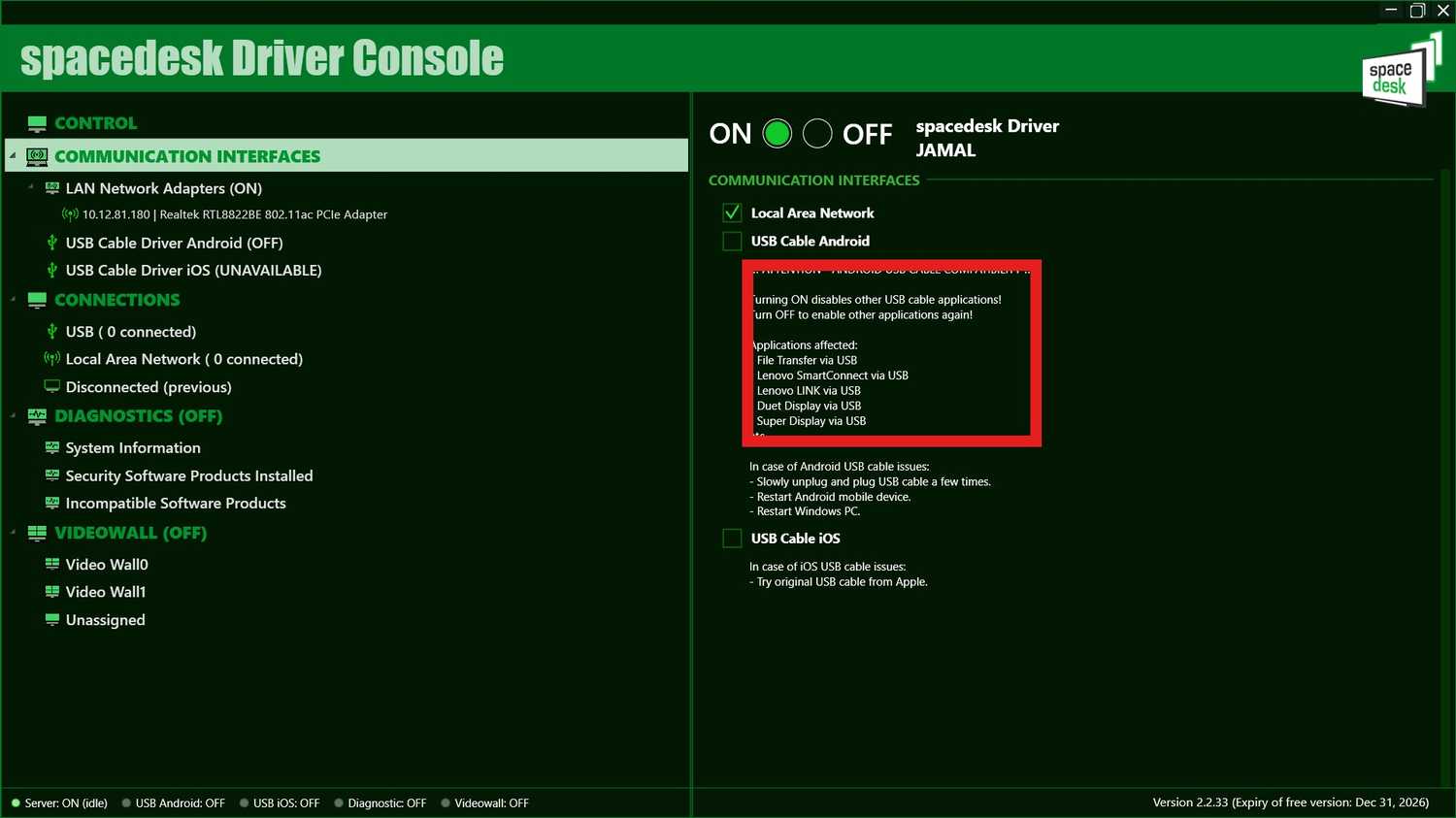 spacedesk Driver Console warning that USB Cable Android disables other USB cable apps