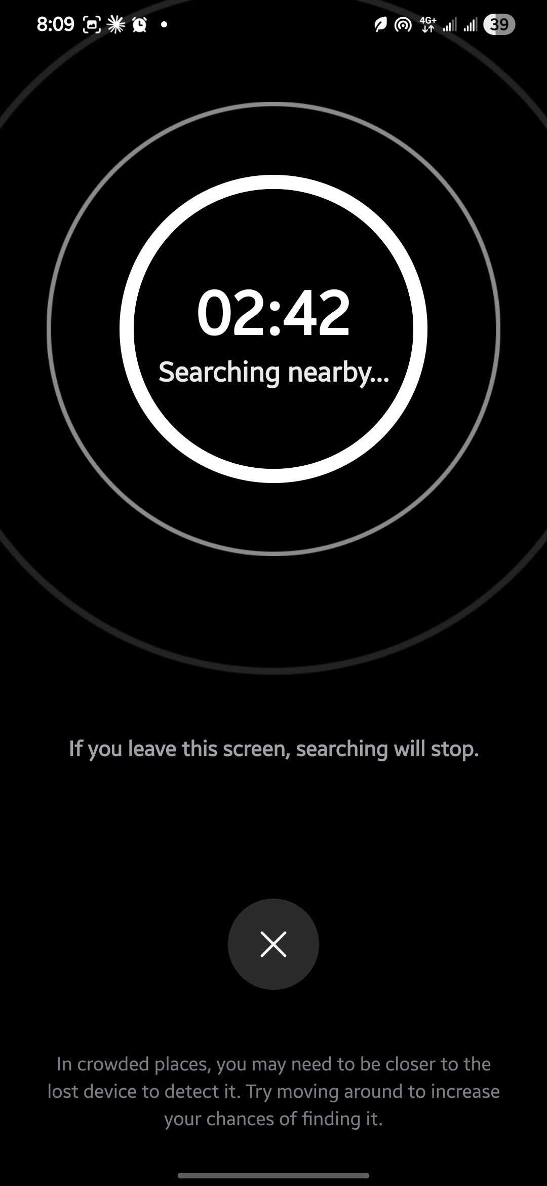 Samsung Find searching nearby for a lost Galaxy phone with a countdown timer at 2 minutes 42 seconds
