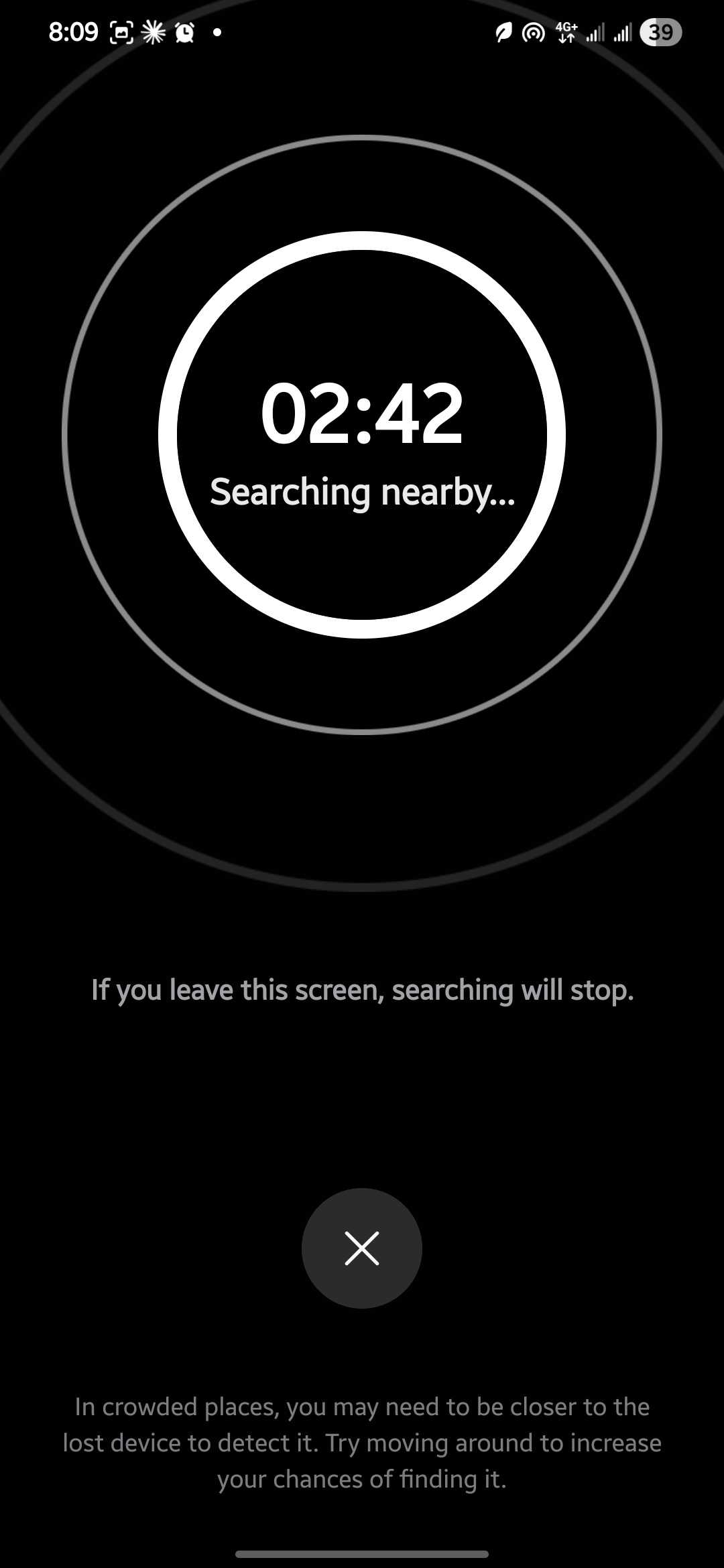 Samsung Find searching nearby for a lost Galaxy phone with a countdown timer at 2 minutes 42 seconds
