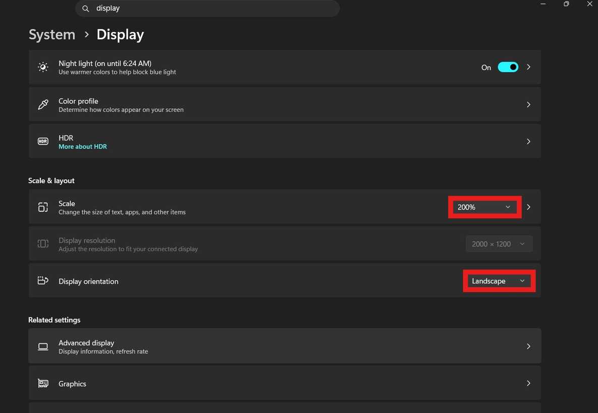 Windows 11 display settings with the tablet screen at 200 percent scale