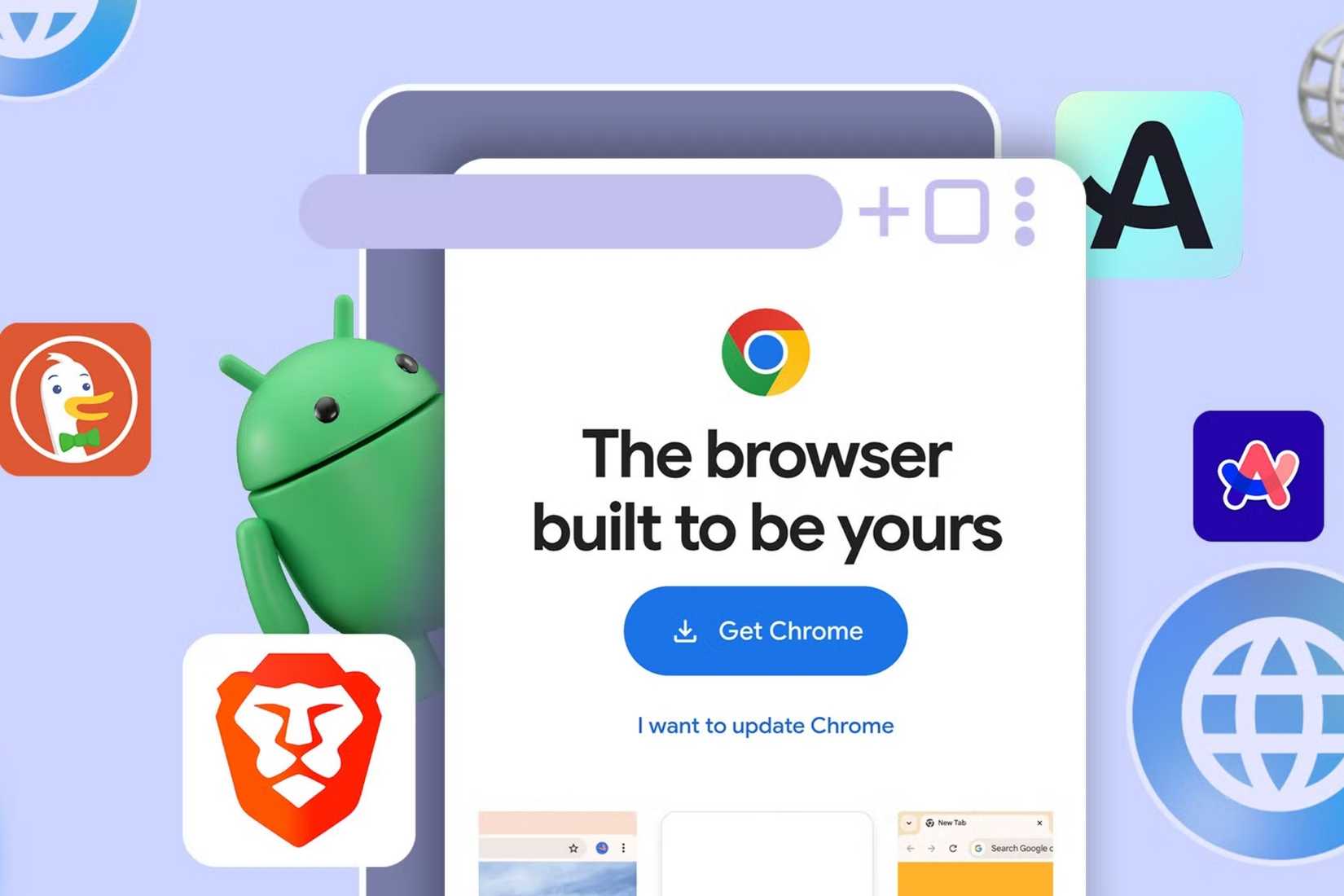 Chrome download page with a Get Chrome button, surrounded by Brave, DuckDuckGo and other browser icons and an Android robot