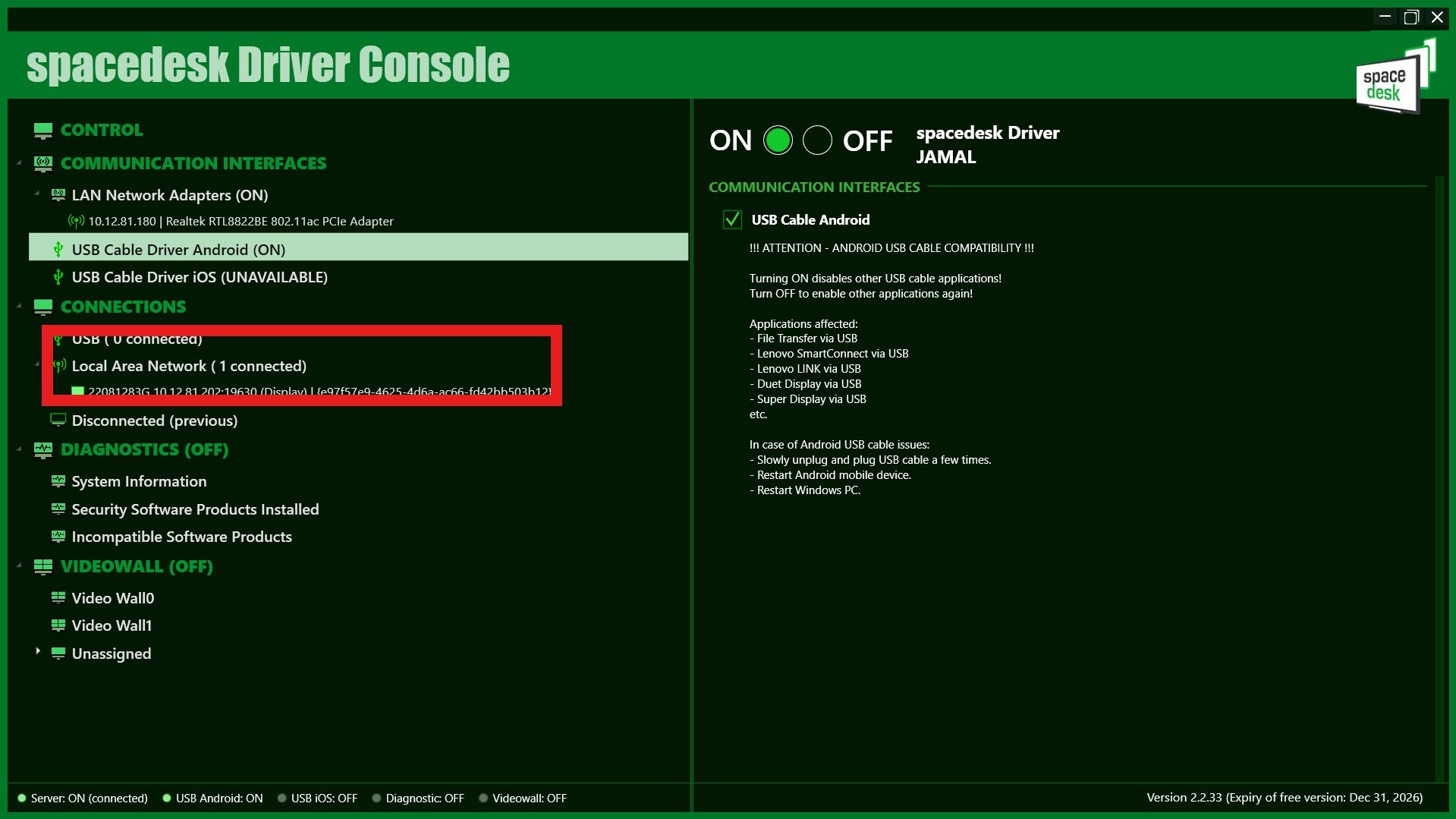 spacedesk Driver Console listing the tablet under Local Area Network instead of USB