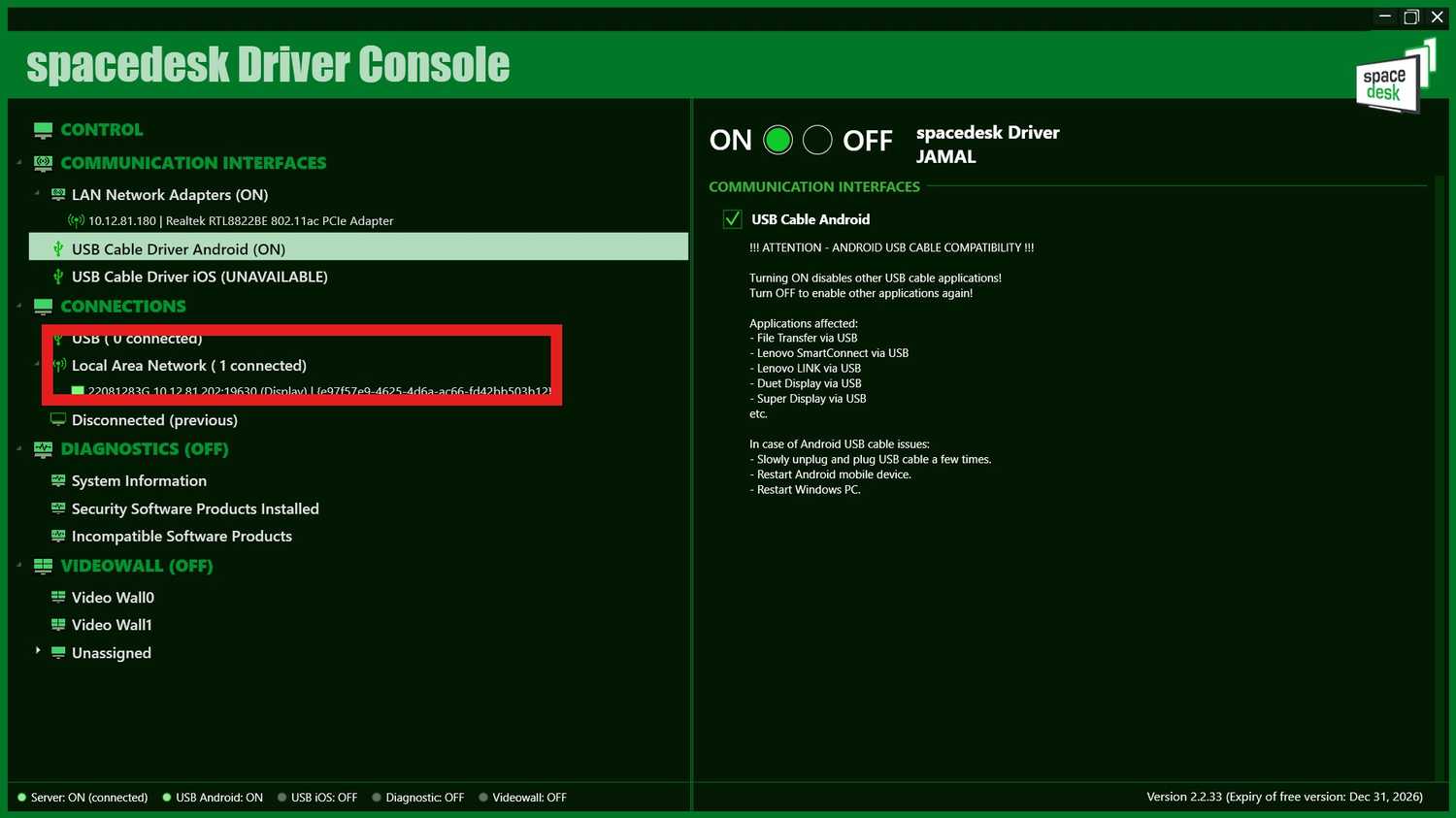 spacedesk Driver Console listing the tablet under Local Area Network instead of USB