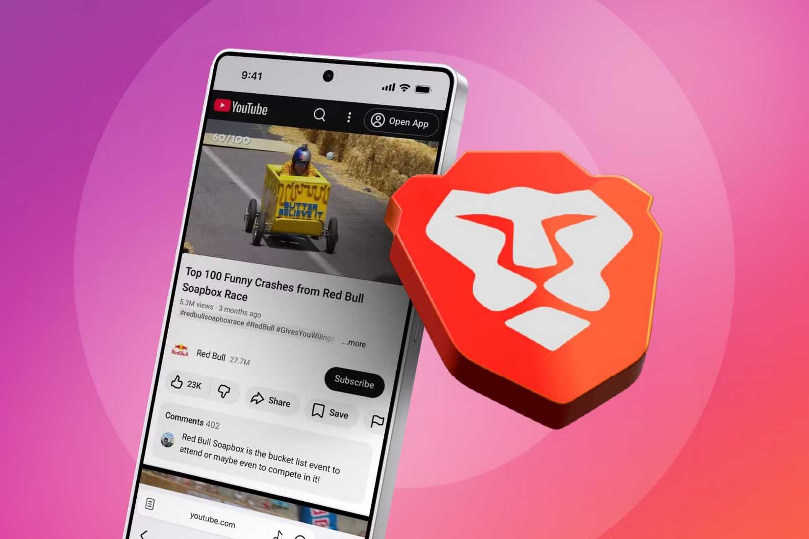 Phone playing a YouTube video in a browser next to a 3D Brave lion logo on a pink background