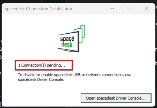 spacedesk notification on Windows showing a USB connection pending