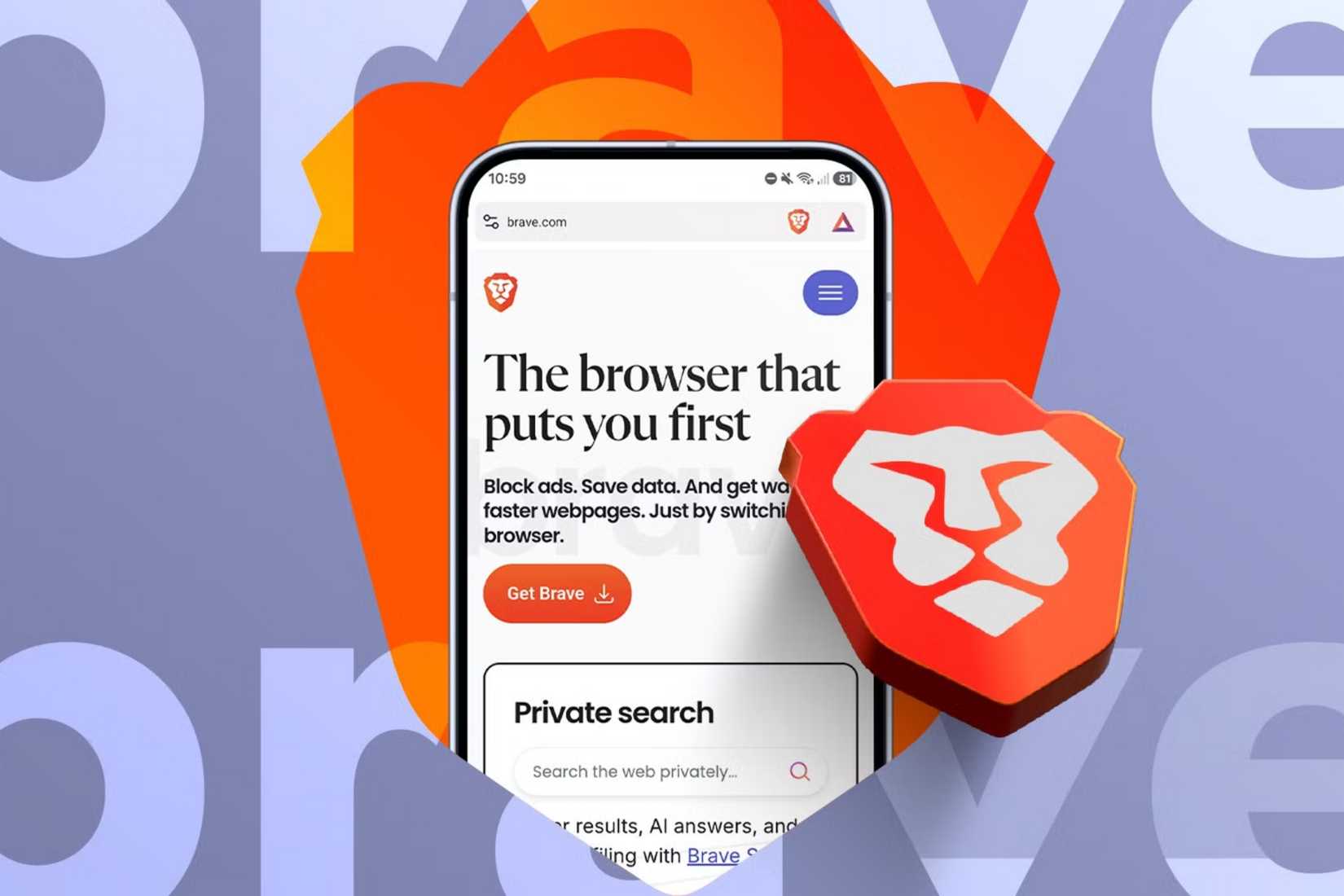 Phone showing the Brave website with a Get Brave button in front of a large Brave logo