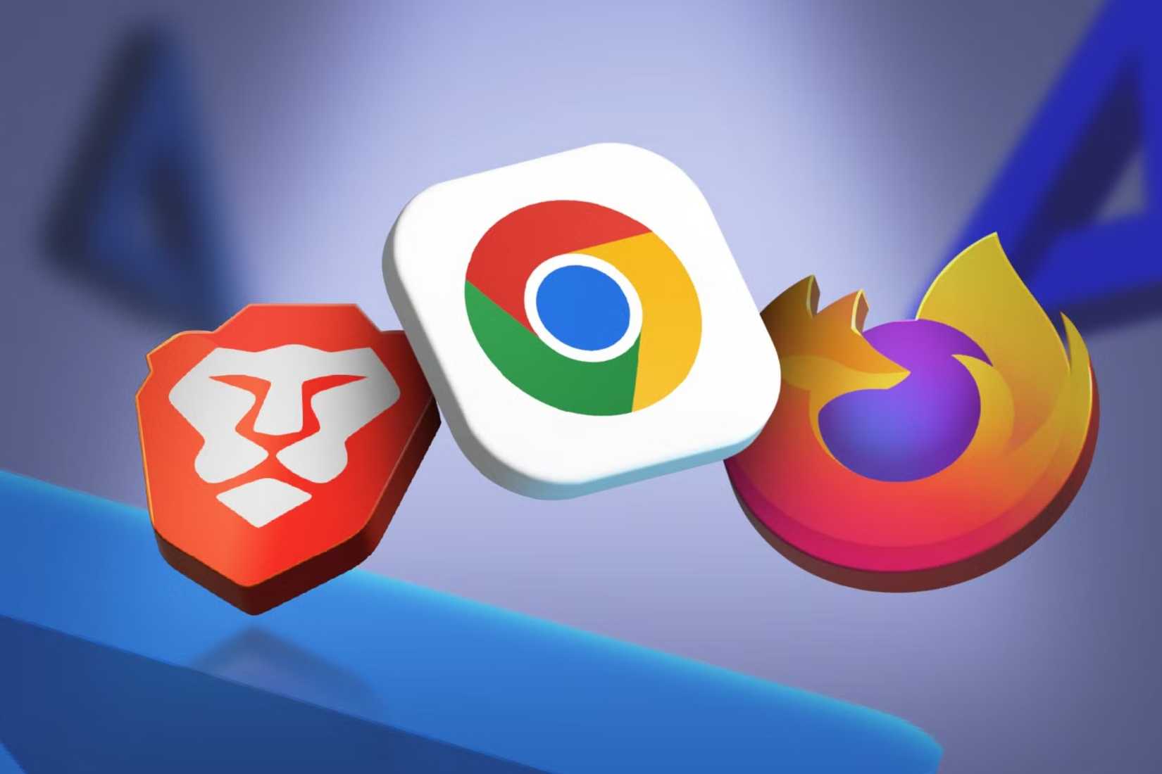 3D Brave, Chrome and Firefox logos floating against a blue background
