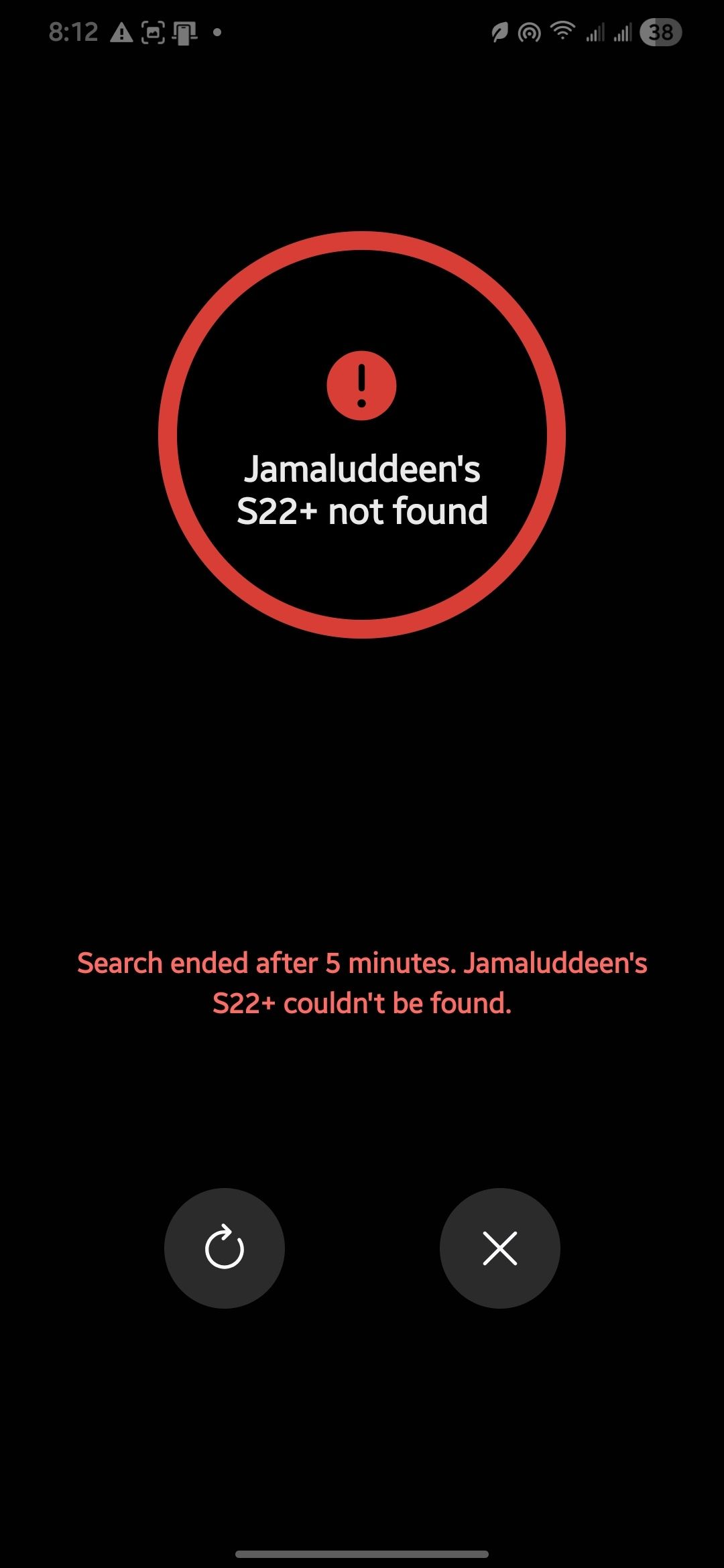 Samsung Find search nearby screen saying the Galaxy S22+ could not be found after a 5 minute search