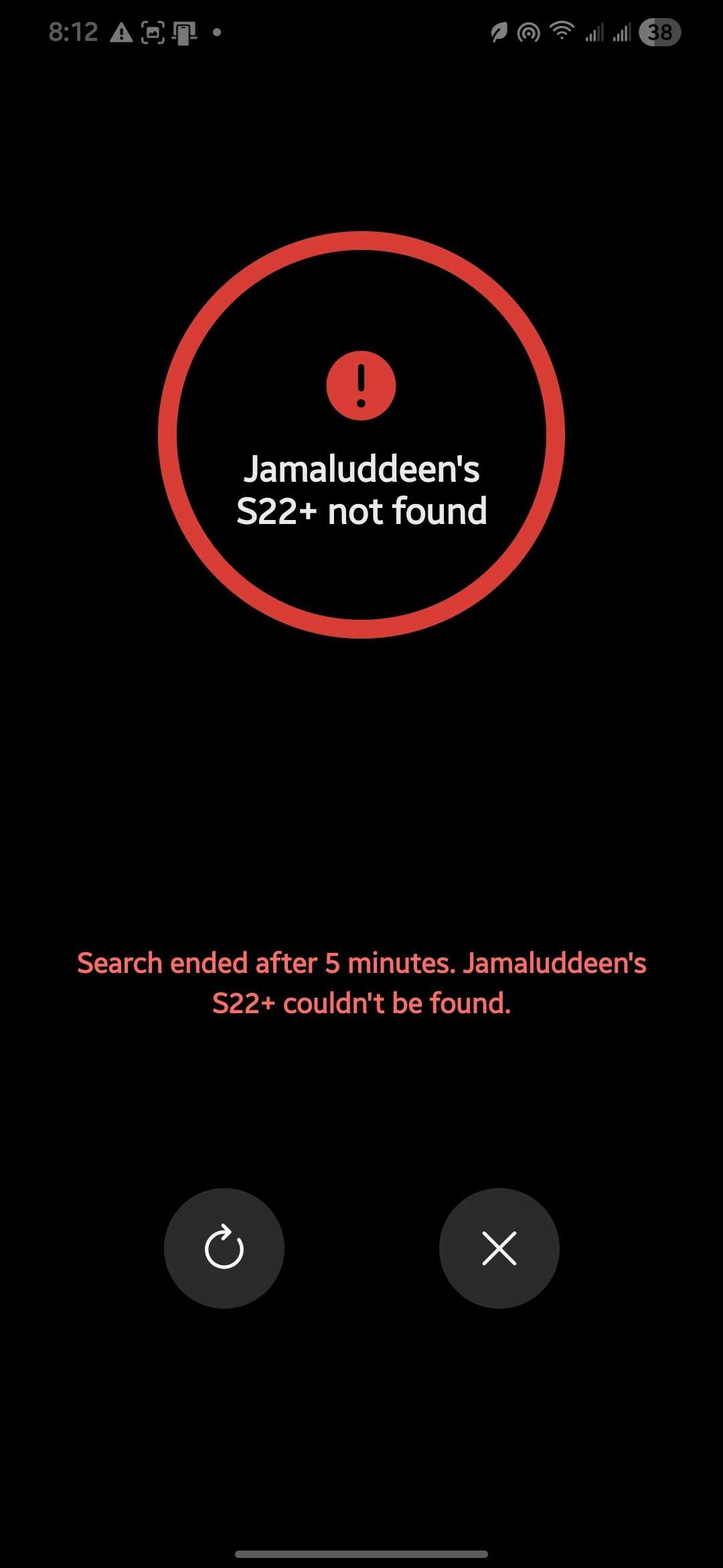 Samsung Find search nearby screen saying the Galaxy S22+ could not be found after a 5 minute search