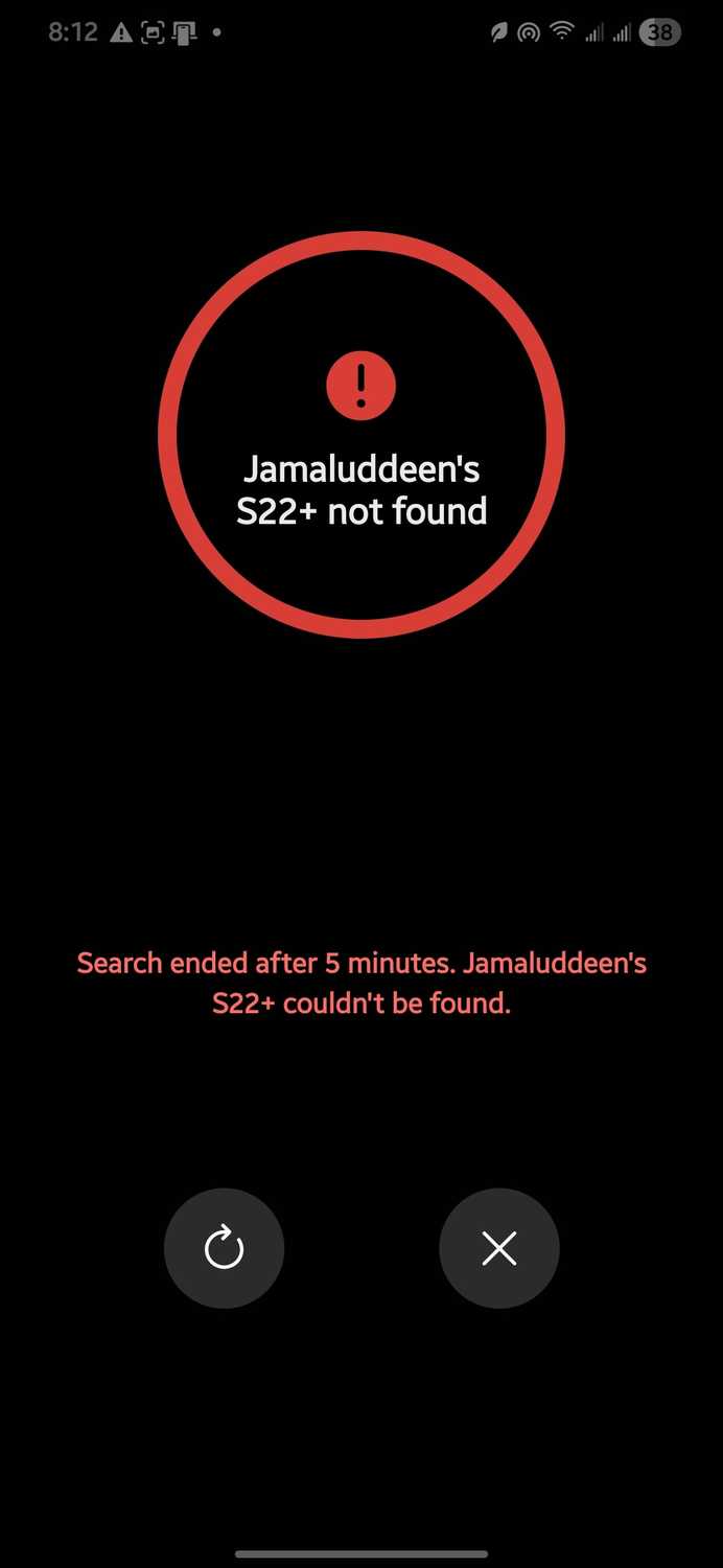 Samsung Find search nearby screen saying the Galaxy S22+ could not be found after a 5 minute search