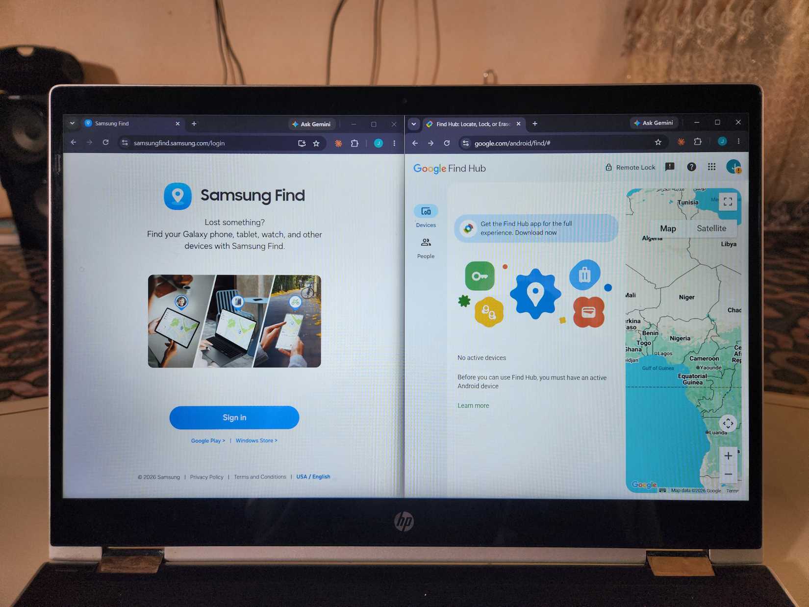 HP laptop screen split between the Samsung Find sign in page and the Google Find Hub website, open side by side in two Chrome windows