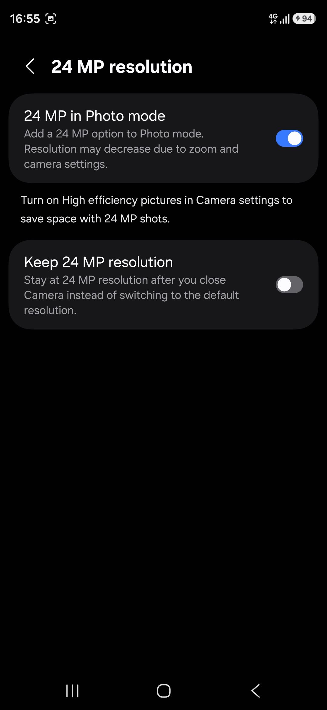 24MP in photo mode toggle on Camera Assistant