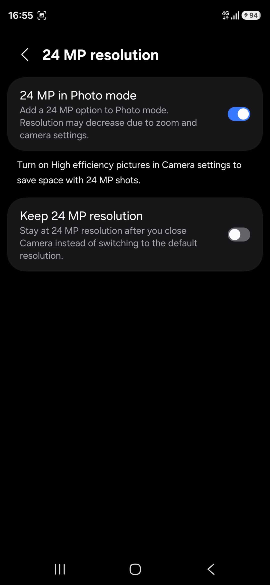 24MP in photo mode toggle on Camera Assistant