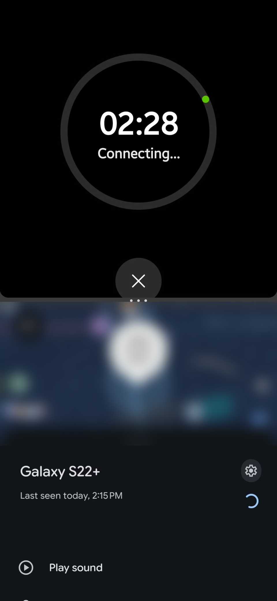 Split screen with Samsung Find Search nearby connecting with a timer at 02:28, and Google Find Hub showing the Galaxy S22+ last seen today at 2:15 PM over a blurred map