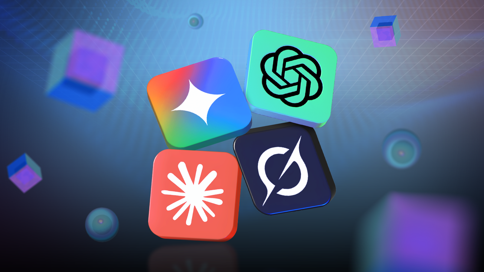 3D icons of Grok, ChatGPT, Gemini, and Claude floating against a blue gradient background.