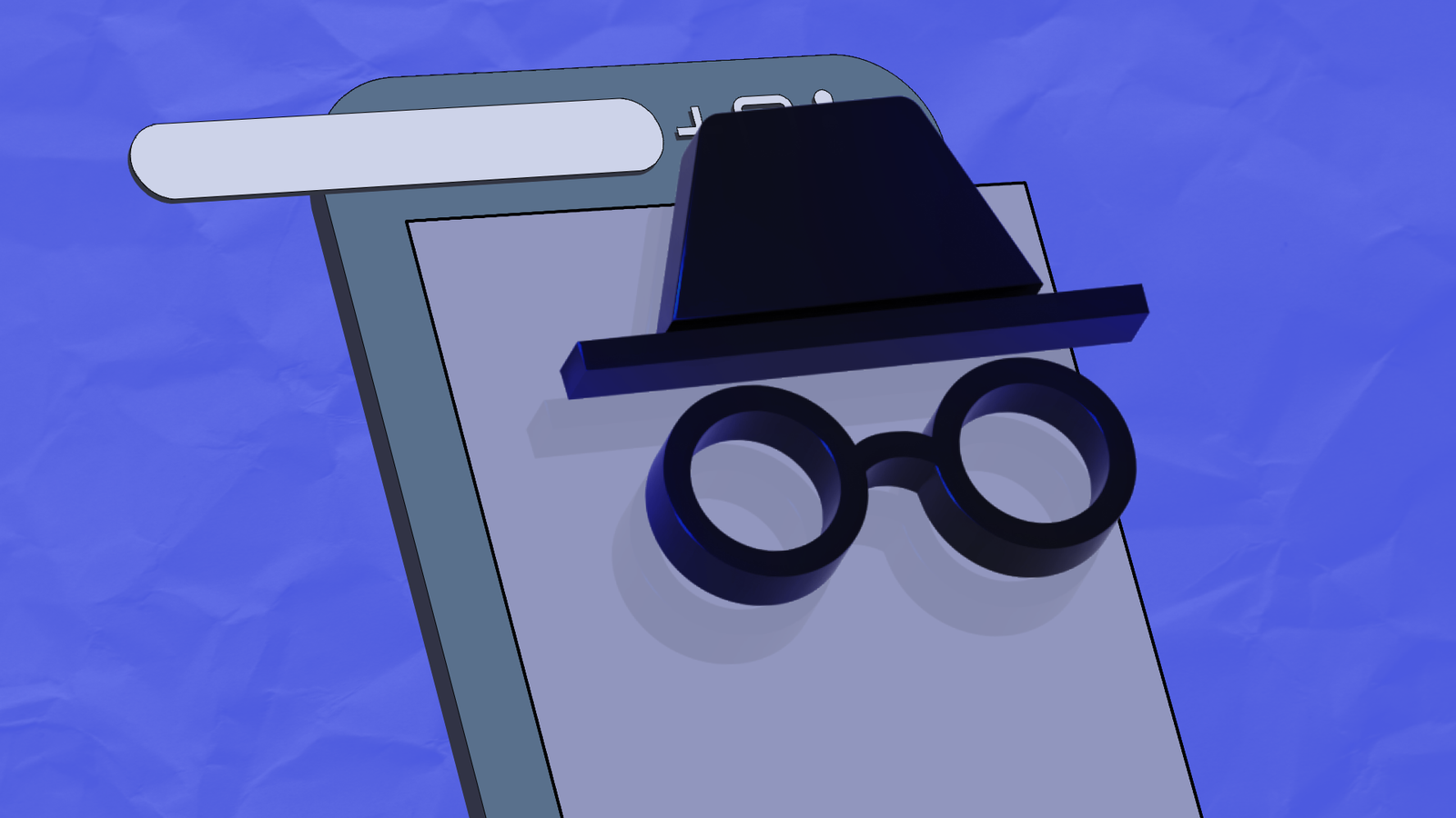 3D incognito mode icon with a hat and glasses in front of a browser window on a blue background.