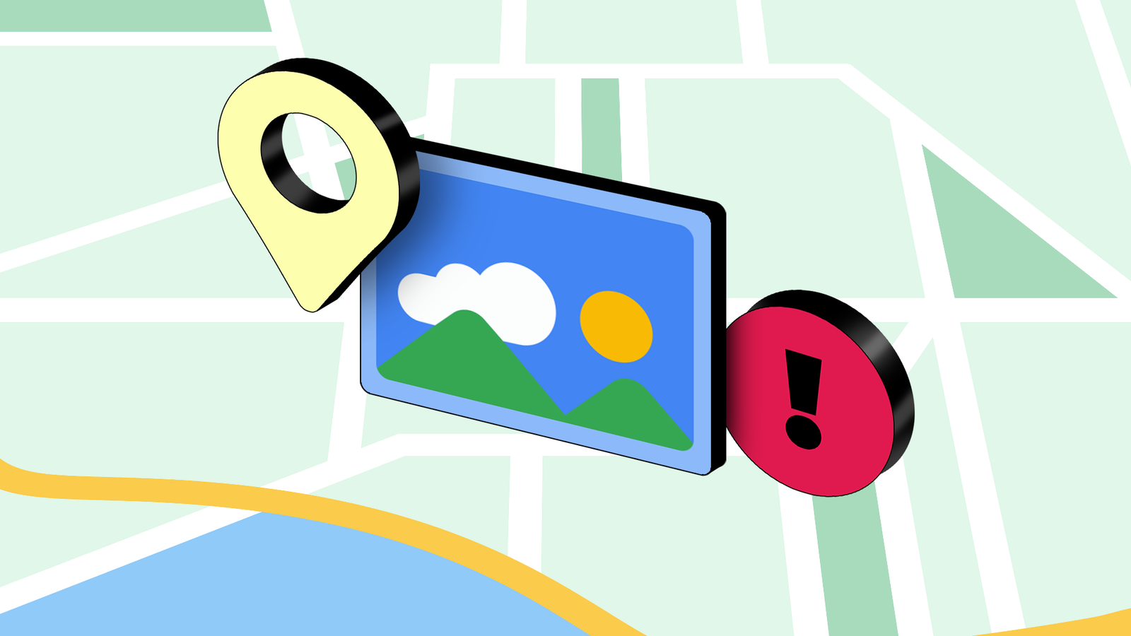 3D photo icon with a GPS location pin and warning symbol over a map background.