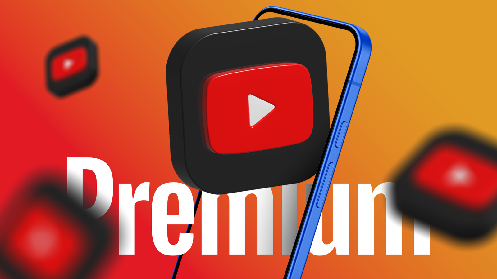 3D YouTube Premium logo emerging from a smartphone, with floating YouTube icons on an orange and red background.