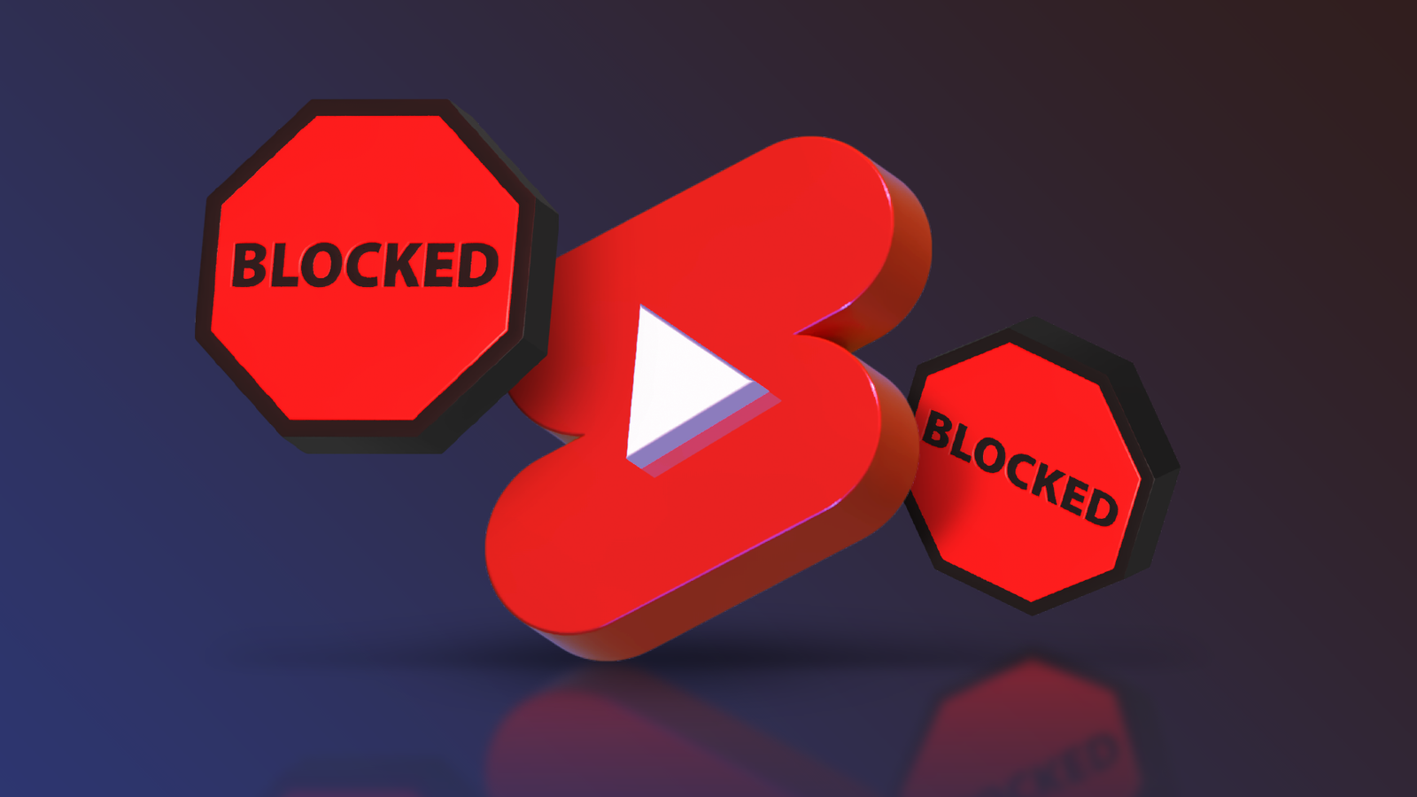 3D YouTube Shorts logo surrounded by red blocked signs on a dark background.
