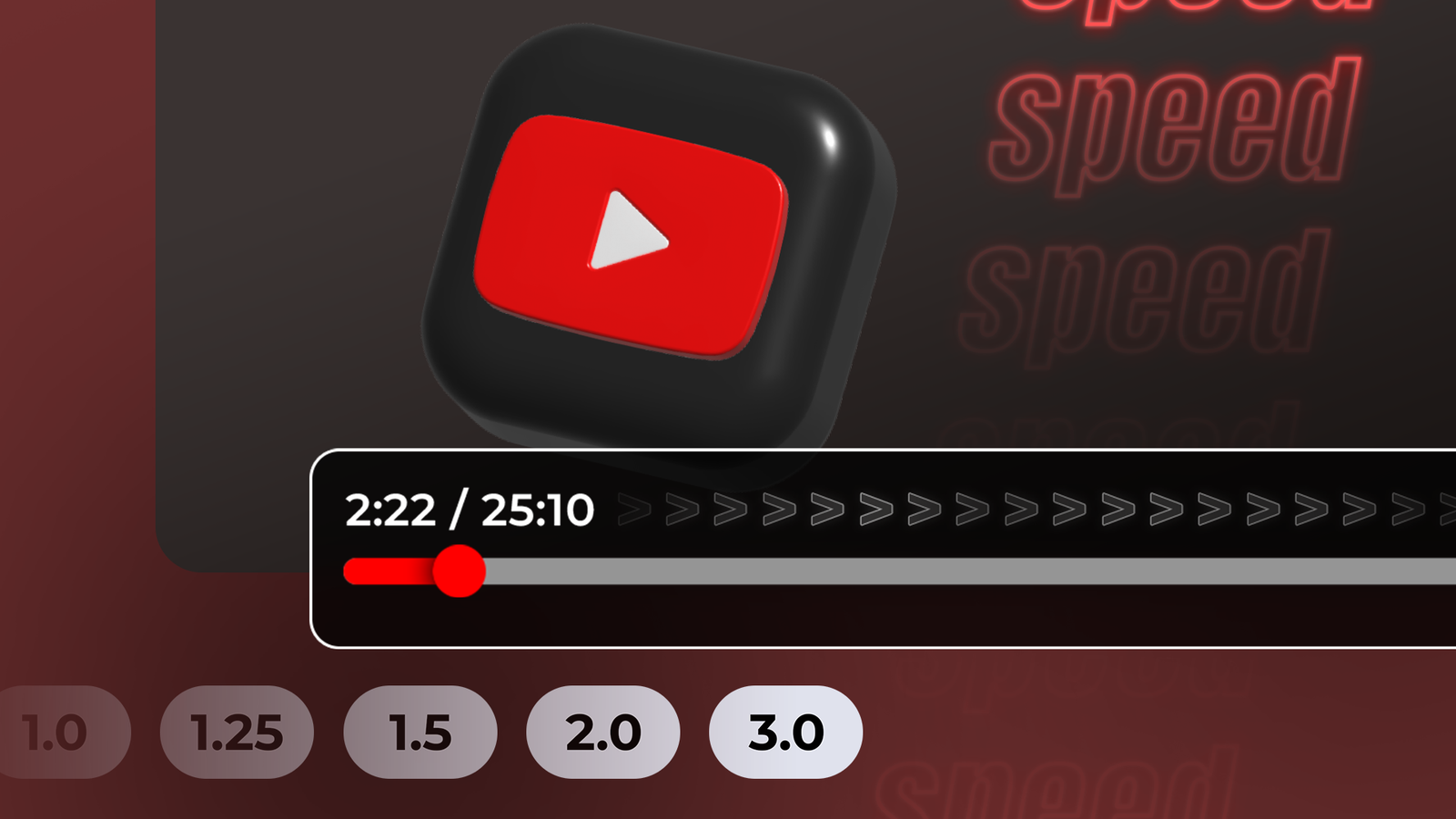 A 3D YouTube logo above a video playback bar with fast-forward arrows and playback speed controls.
