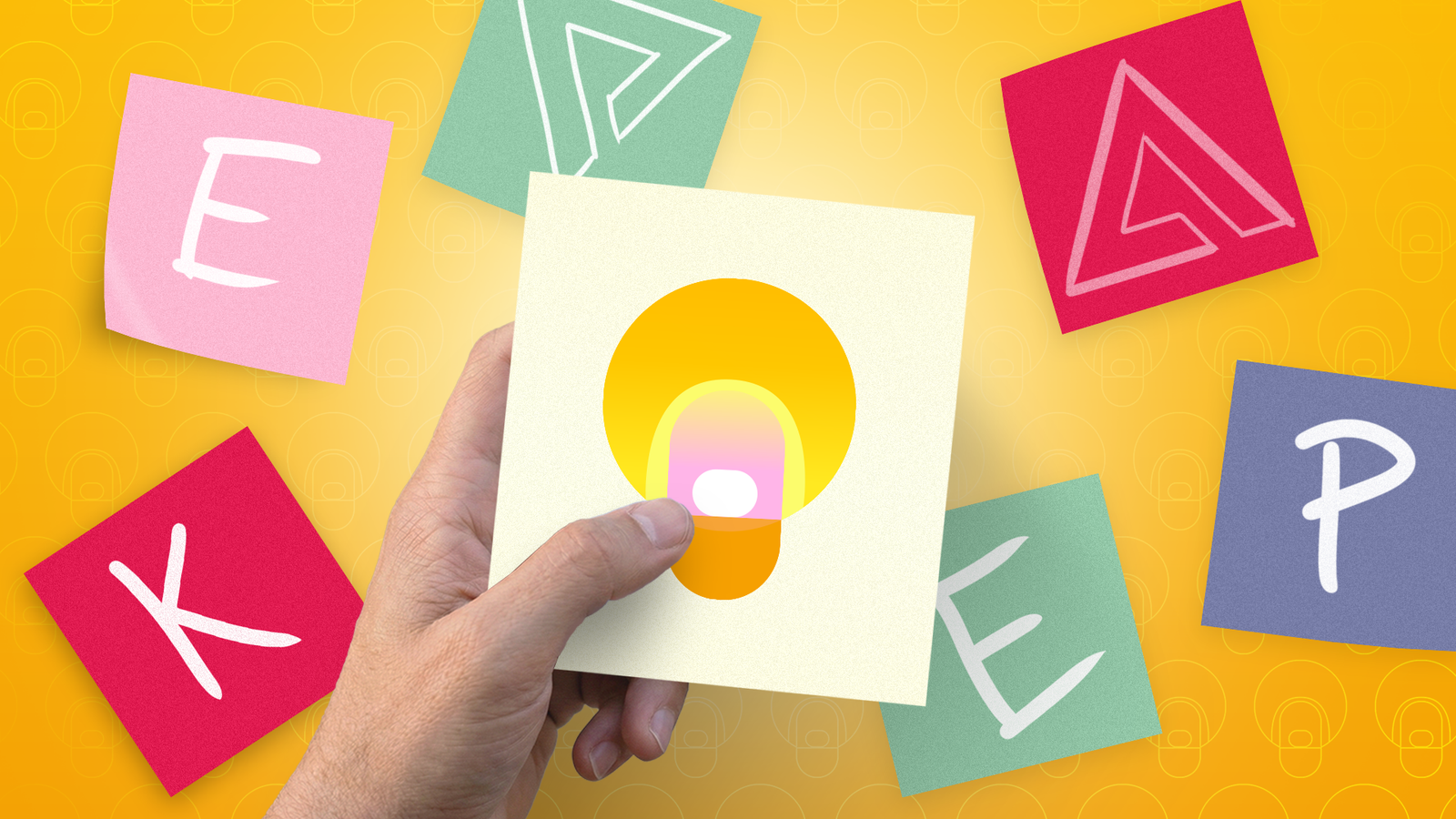 A hand holding a Google Keep icon, surrounded by colorful sticky notes on a yellow background