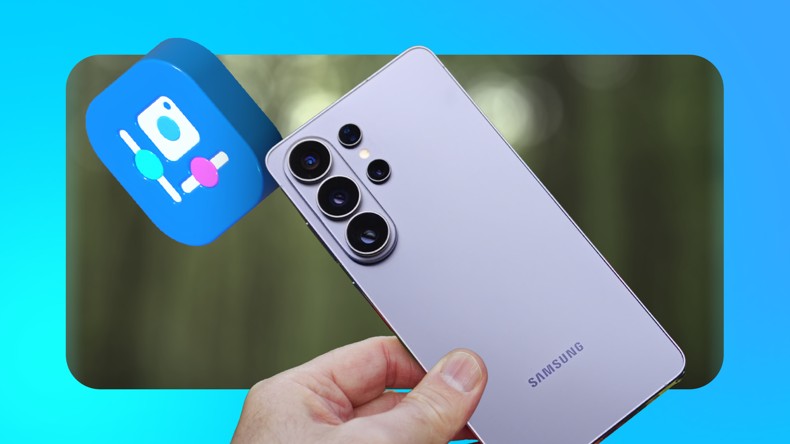 A hand holding a Samsung Galaxy S26 Ultra, with the Camera Assistant app icon.