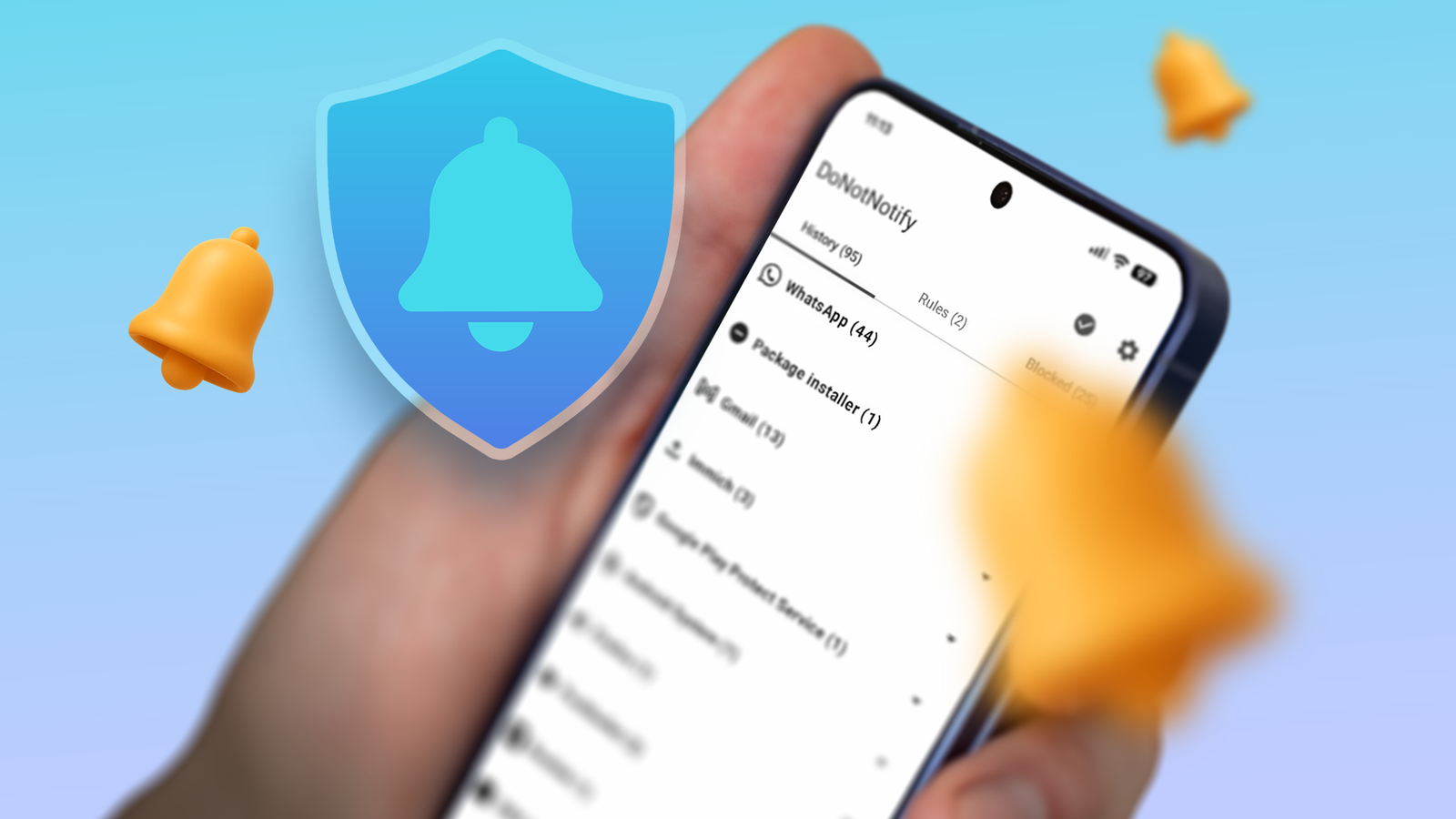A hand holding a smartphone displaying the DoNotNotify app, with floating notification bells and a blue shield icon.