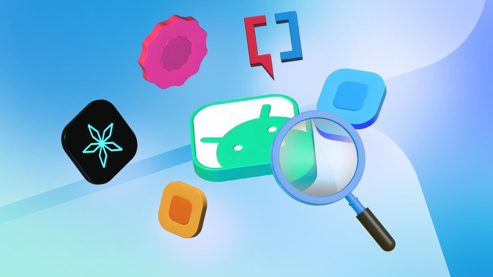 A magnifying glass over an Android icon, surrounded by colorful floating icons.
