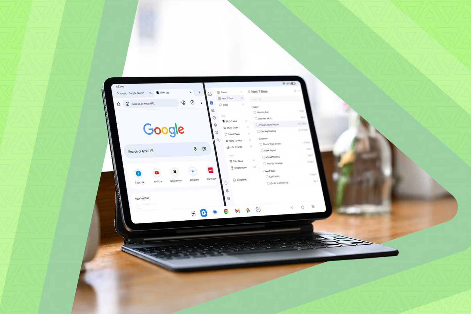 An Android tablet with a keyboard showing the Desktop Mode feature with two Google apps running side-by-side