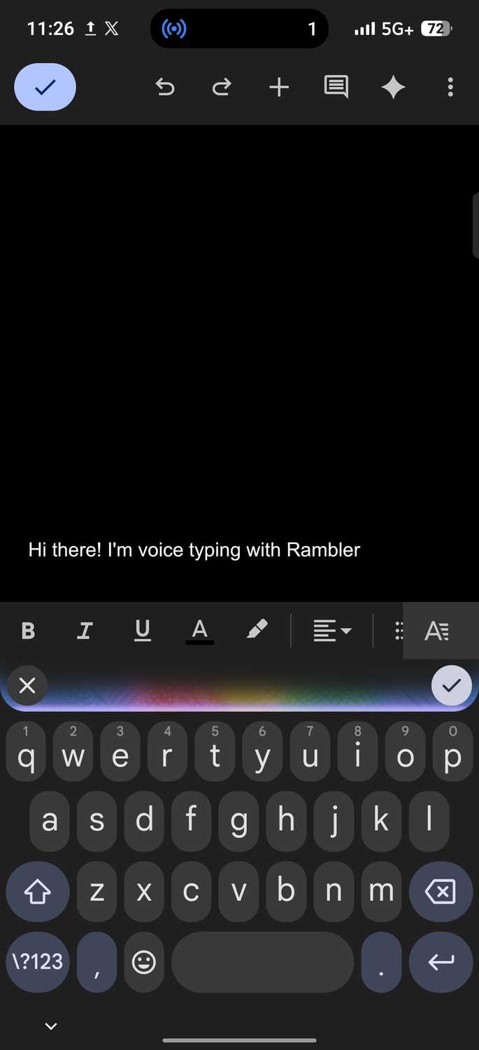 Smartphone screen showing voice typing with Rambler on active PixelBoard keyboard
