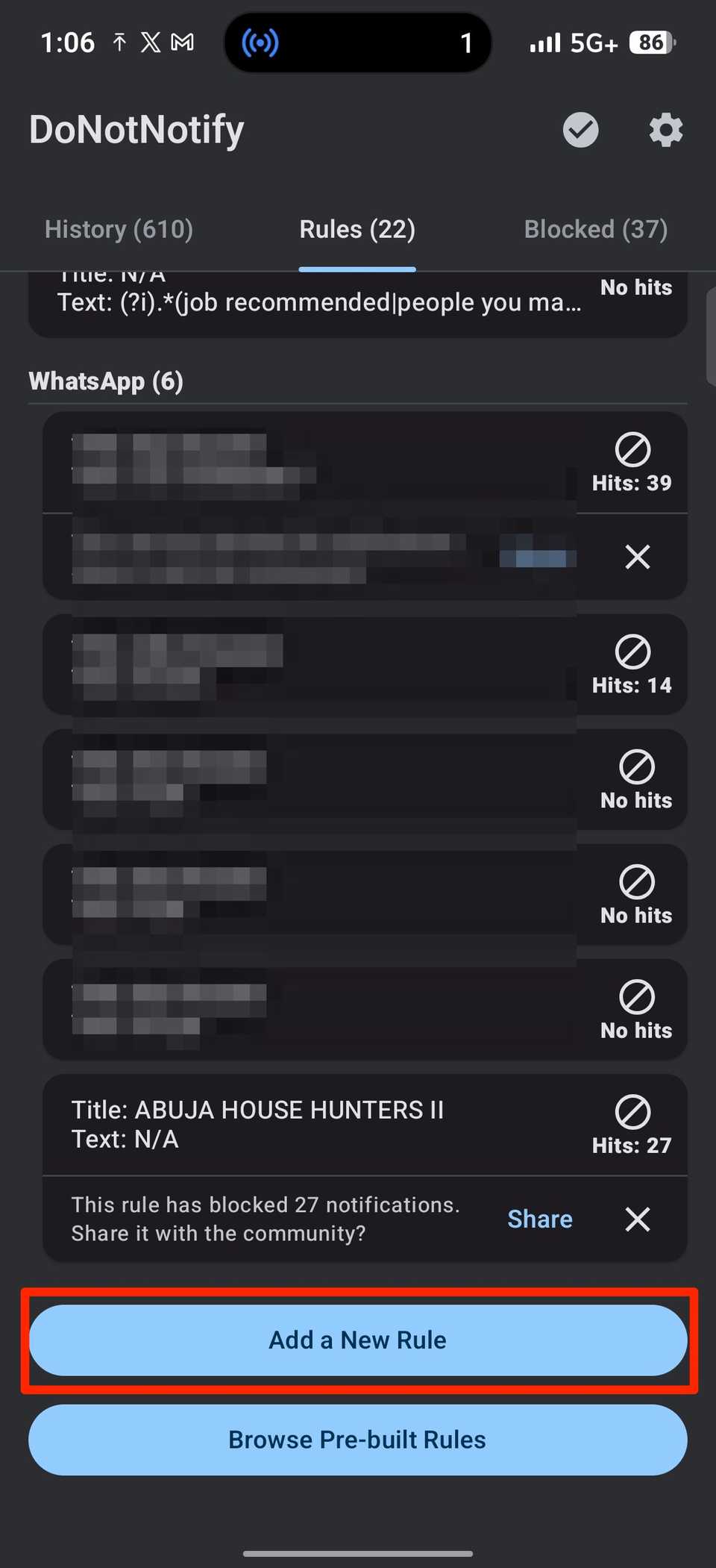 Opzione di evidenziazione del rettangolo rosso per aggiungere una nuova regola sull'app DoNotNotify