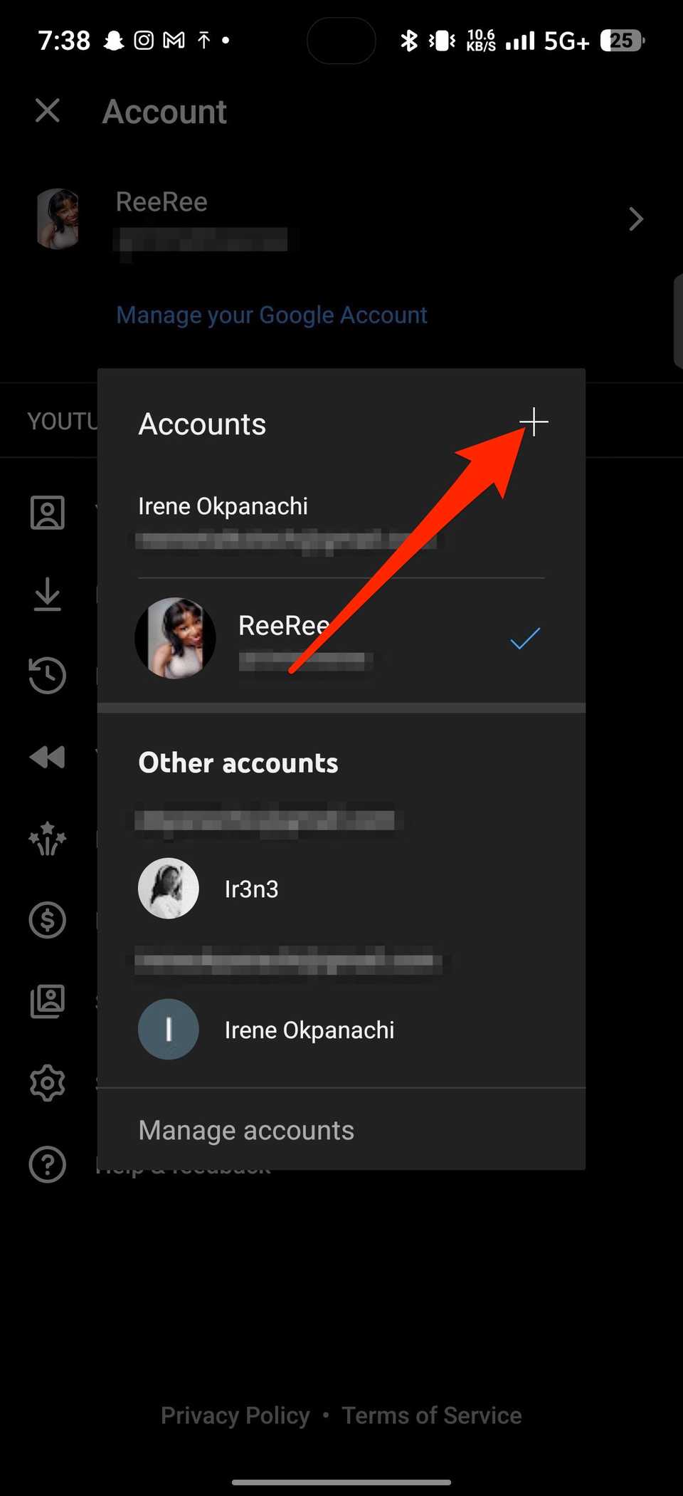 Red arrow pointing to plus button for adding account on YouTube Music